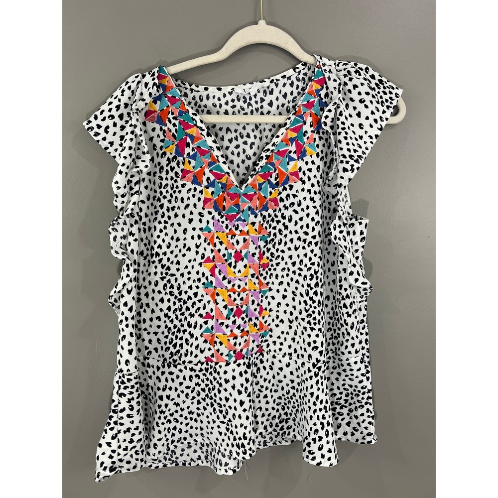 THML Flutter Sleeve Top Womens Small White Leopard Great Embroidered Blouse